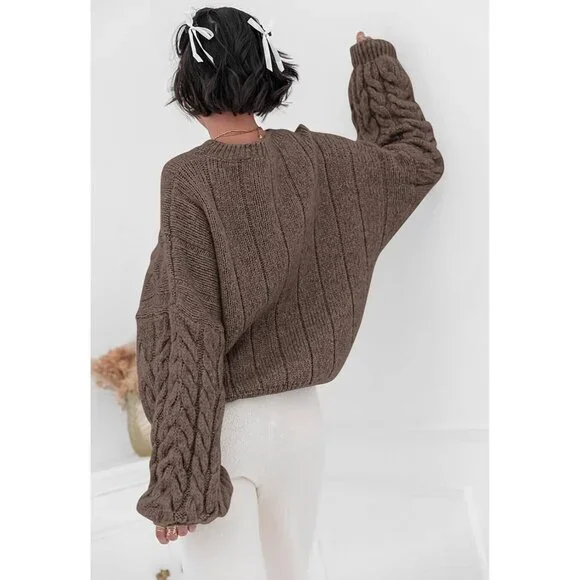 Women's Deep Brown Spring Fall Cable Knit Long Sleeve Crewneck Oversized Sweater - Picture 4 of 6